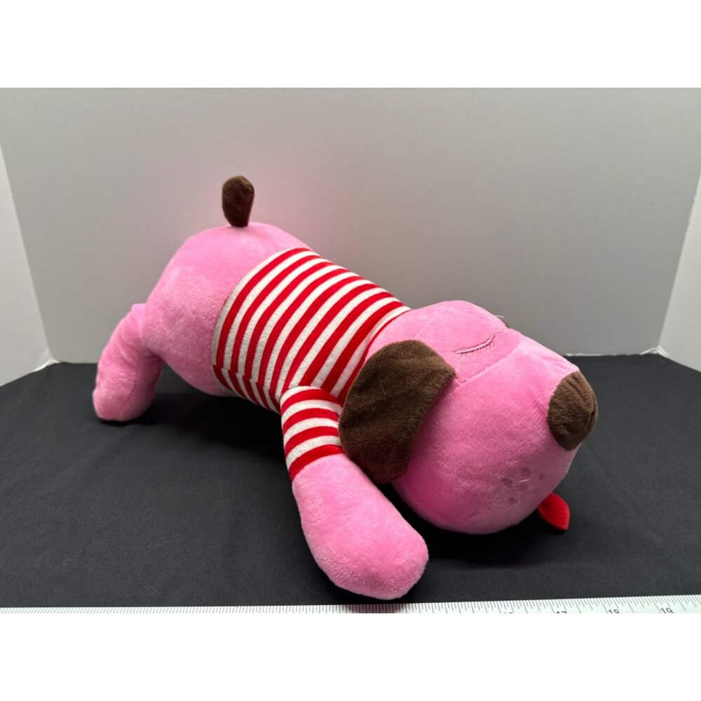 Pink Plush Dog Toy With Red & White Striped Shirt & Brown Ears Pillow Gift